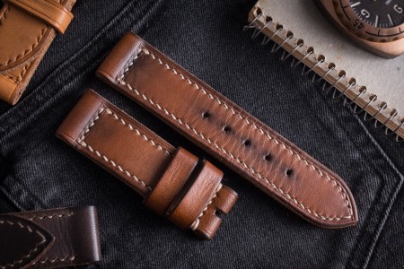 MV010 Handmade Vintage Brown Leather Strap With Beige Stitching