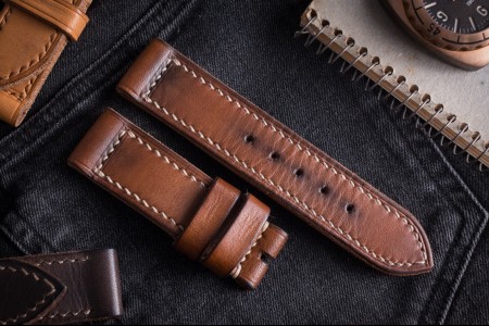 MV010 Handmade Vintage Brown Leather Strap With Beige Stitching
