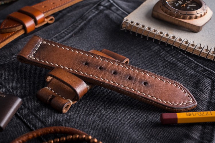 MV010 Antiqued Handmade Vintage Brown Leather Strap With Beige Stitching from STRAPSANDBRACELETS