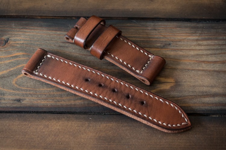MV010 Antiqued Handmade Vintage Brown Leather Strap With Beige Stitching from STRAPSANDBRACELETS