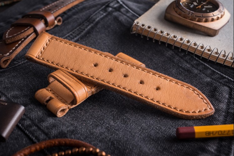 MV011 Vintage, Natural Light Brown Leather Strap With Beige Stitching from STRAPSANDBRACELETS