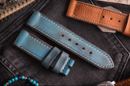 MV016 Vintage Light Blue Leather Strap with Beige Stitching