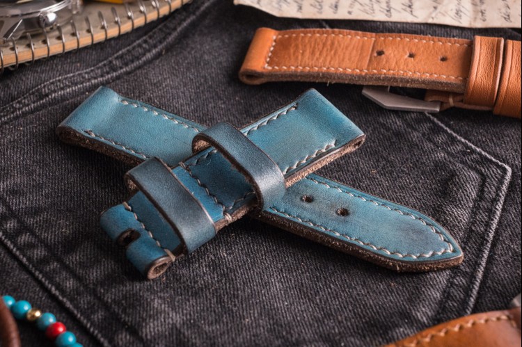 MV016 Vintage Light Blue Leather Strap with Beige Stitching from STRAPSANDBRACELETS