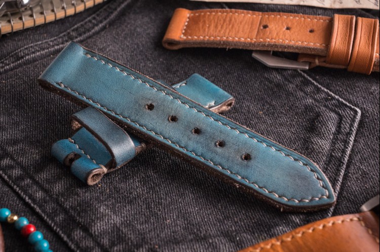 MV016 Vintage Light Blue Leather Strap with Beige Stitching from STRAPSANDBRACELETS