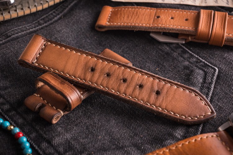 MV017 Vintage Light Brown Leather Strap with Beige Stitching from STRAPSANDBRACELETS