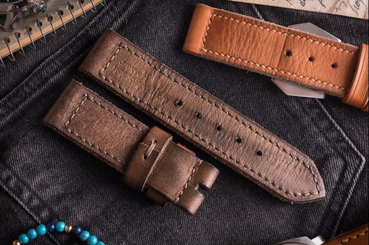 MV018 Distressed Chocolate Brown Leather Strap with Grey Stitching from STRAPSANDBRACELETS