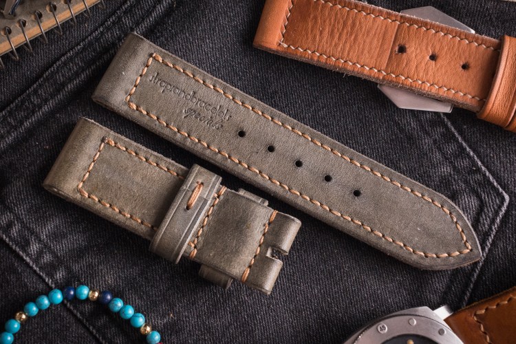 MV026 Handmade, Vintage Grey Leather Strap With Beige Stitching from STRAPSANDBRACELETS