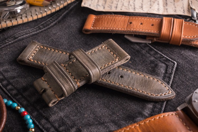 MV026 Handmade, Vintage Grey Leather Strap With Beige Stitching from STRAPSANDBRACELETS
