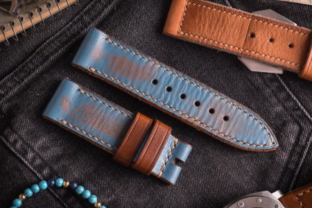 MV027 Vintage Light Blue Leather Strap with Beige Stitching and Brown Keepers