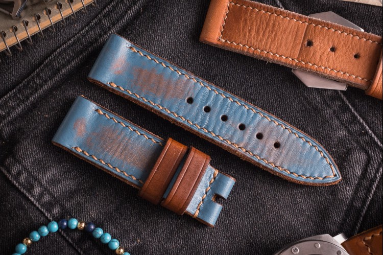 MV027 Vintage Light Blue Leather Strap with Beige Stitching and Brown Keepers from STRAPSANDBRACELETS