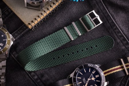 Night Green, Retro, Herringbone Silky Fabric Adjustable Single Pass Slip Through Watch Strap (20 & 22mm)