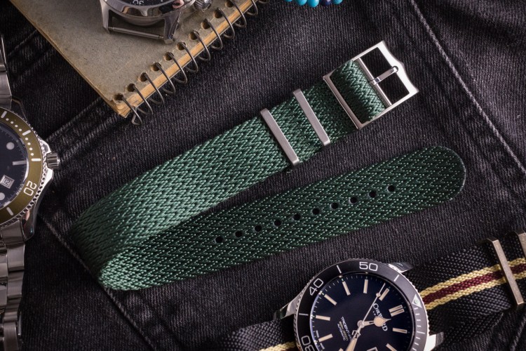 Night Green, Retro, Herringbone Silky Fabric Adjustable Single Pass Slip Through Watch Strap (20 & 22mm) from STRAPSANDBRACELETS