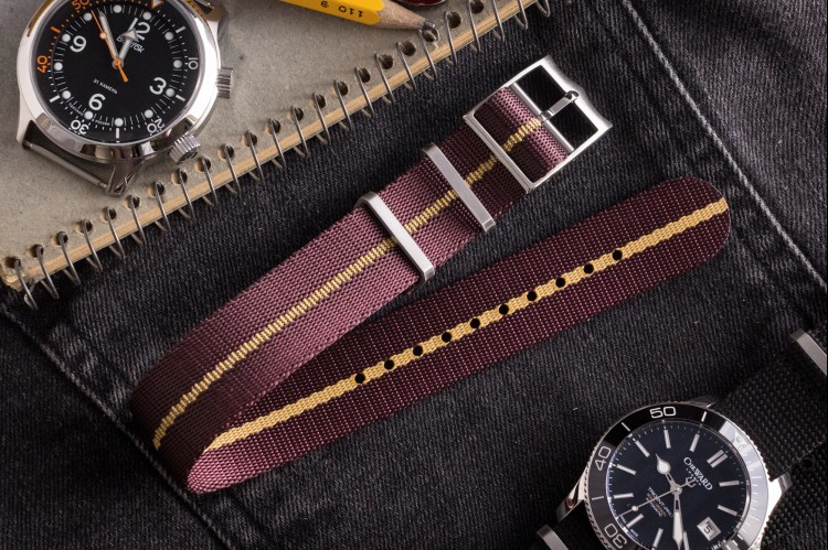 Dark Red "Burgundy" Adjustable Single Pass Slip Through Watch Strap with Embossed Beige Stripe (20 & 22mm) from STRAPSANDBRACELETS