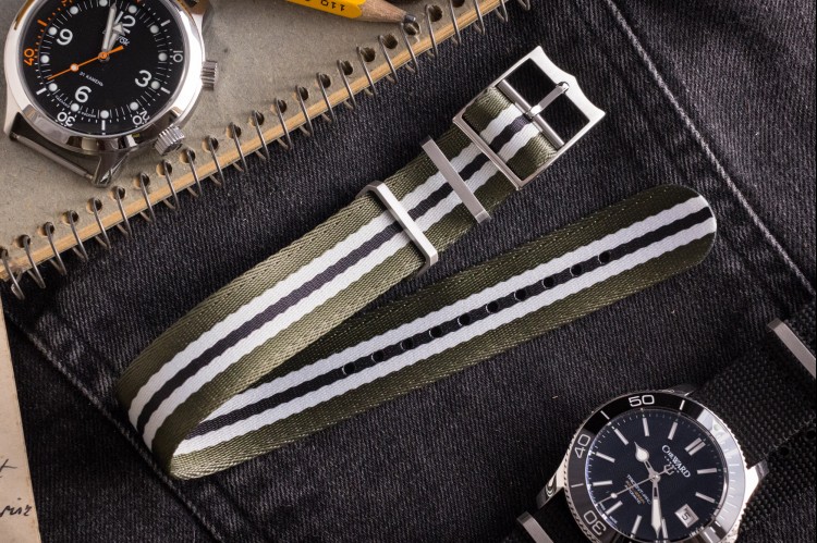 Oil Green, White and Black Adjustable Seat Belt Fabric Single Pass Slip Through Watch Strap (20 & 22mm) from STRAPSANDBRACELETS