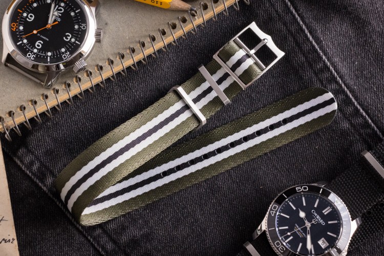 Oil Green, White and Black Adjustable Seat Belt Fabric Single Pass Slip Through Watch Strap (20 & 22mm) from STRAPSANDBRACELETS