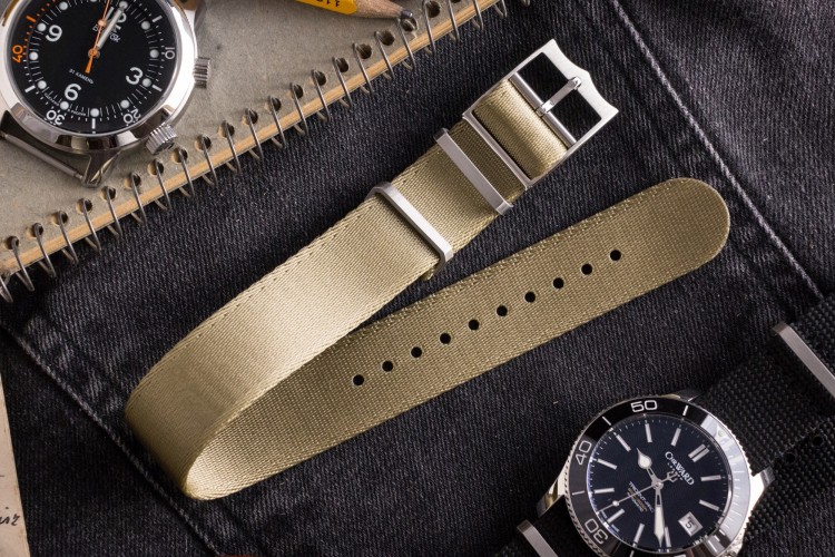 Khaki Adjustable Silky Seat Belt Fabric Single Pass Slip Through Watch Strap (20 & 22mm) from STRAPSANDBRACELETS