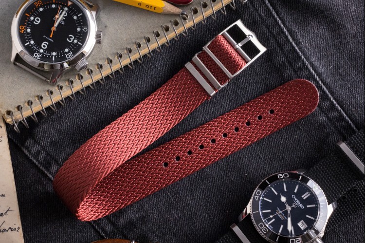 Red, Retro, Herringbone Silky Fabric Adjustable Single Pass Slip Through Watch Strap (20 & 22mm) from STRAPSANDBRACELETS