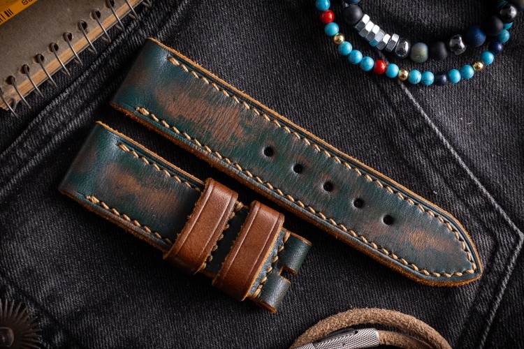 MV031 Vintage Dark Green Leather Strap with Beige Stitching and Brown Keepers from STRAPSANDBRACELETS