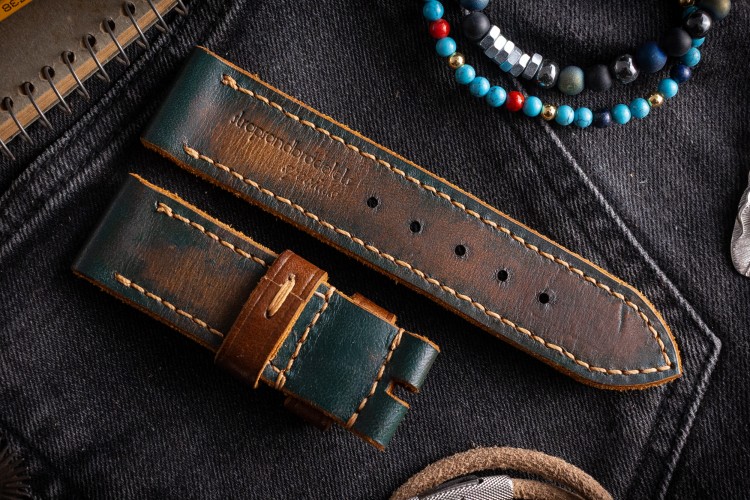 MV031 Vintage Dark Green Leather Strap with Beige Stitching and Brown Keepers from STRAPSANDBRACELETS