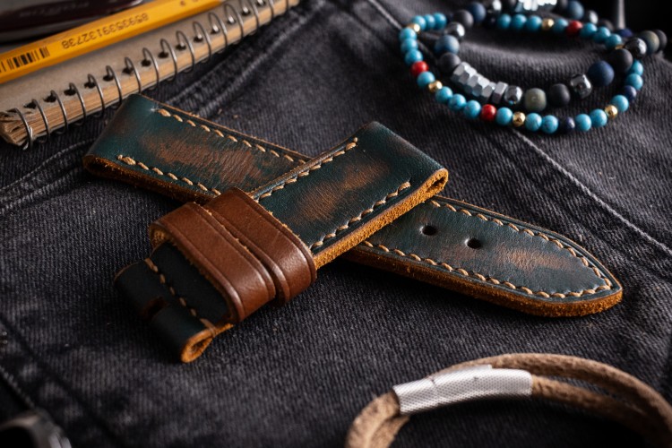 MV031 Vintage Dark Green Leather Strap with Beige Stitching and Brown Keepers from STRAPSANDBRACELETS