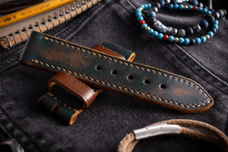 MV031 Vintage Dark Green Leather Strap with Beige Stitching and Brown Keepers from STRAPSANDBRACELETS