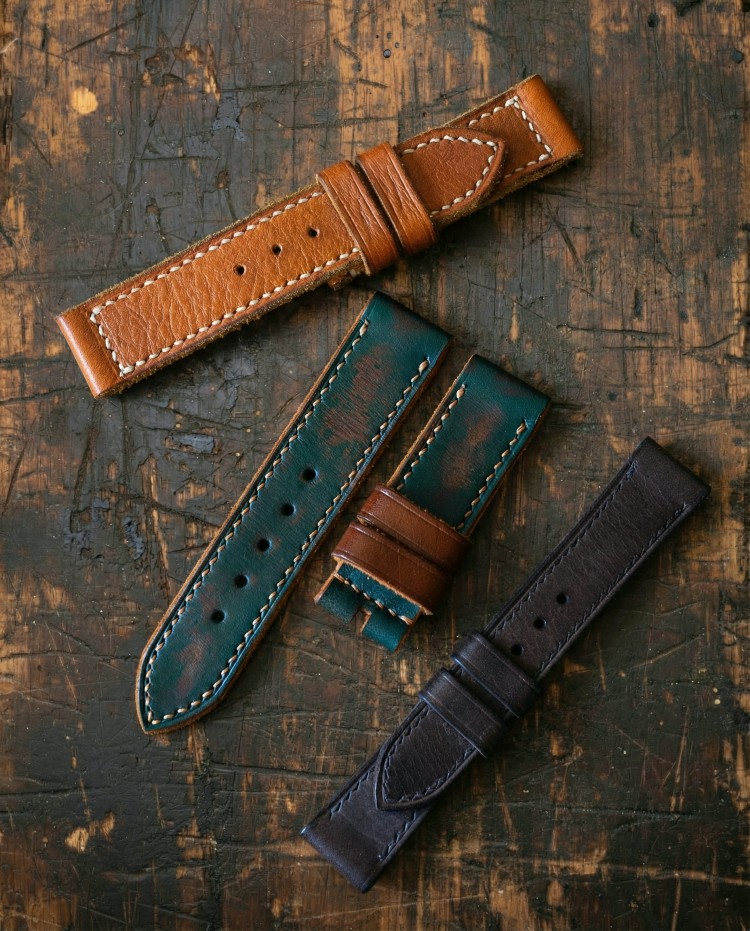 MV031 Vintage Dark Green Leather Strap with Beige Stitching and Brown Keepers from STRAPSANDBRACELETS