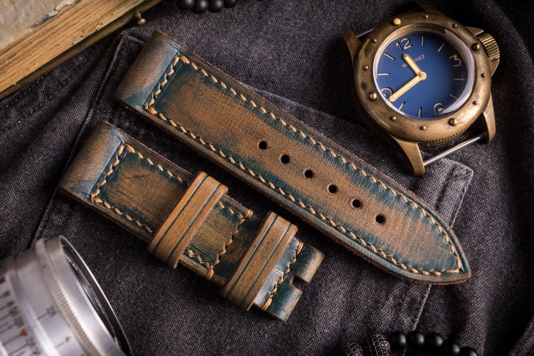 MV038 Vintage Dark Green Leather Strap with Beige Stitching, Distressed from STRAPSANDBRACELETS