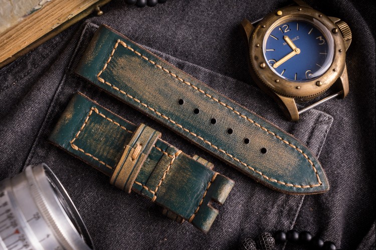 MV038 Vintage Dark Green Leather Strap with Beige Stitching, Distressed from STRAPSANDBRACELETS