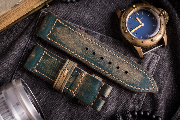 MV038 Vintage Dark Green Leather Strap with Beige Stitching, Distressed from STRAPSANDBRACELETS
