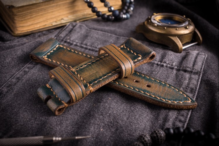 MV038 Vintage Dark Green Leather Strap with Beige Stitching, Distressed from STRAPSANDBRACELETS