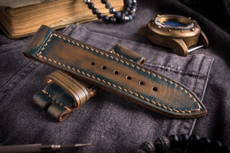 MV038 Vintage Dark Green Leather Strap with Beige Stitching, Distressed from STRAPSANDBRACELETS