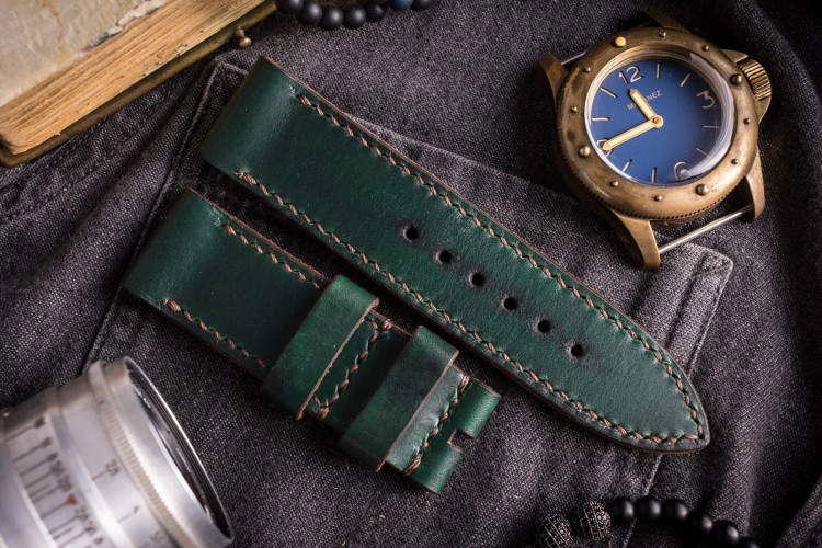 MV039 Vintage Joker Green Leather Strap with Beige Stitching from STRAPSANDBRACELETS