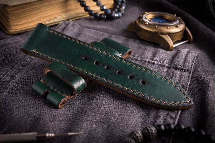MV039 Vintage Joker Green Leather Strap with Beige Stitching from STRAPSANDBRACELETS