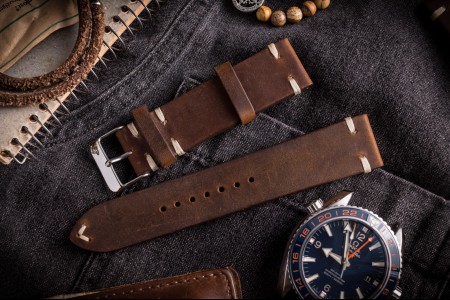 Vintage Style Dark Brown Leather Strap For Watches (20 & 22mm), Two Stitch Watch Strap