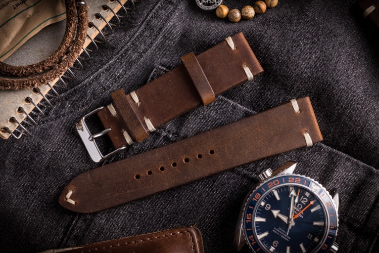 Vintage Style Dark Brown Leather Strap For Watches (20 & 22mm), Two Stitch Watch Strap from STRAPSANDBRACELETS
